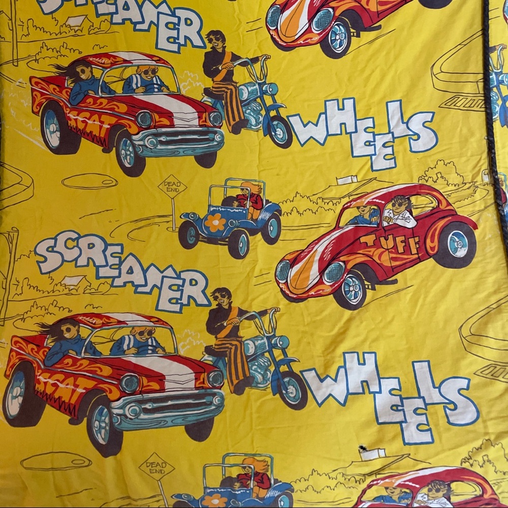 Vintage 1970’s Yellow Bedspread, Coverlet. Sears, Screamer Wheels Pattern.